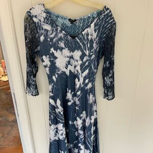 NWT - Komarov Navy and White Floral Long Sleeve Dress